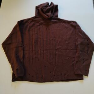 XL Brown Knit Hoodie | Distressed Eyelet Detail | Oversized Cozy Fall Sweater